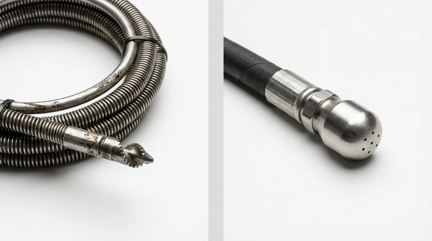 Drain snake cable and hydro jetting nozzle used for drain cleaning in Waterville, NY