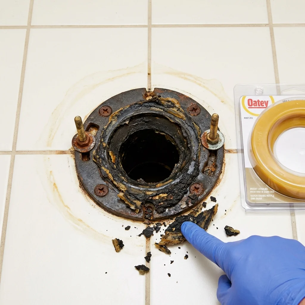 Failed wax ring showing water seepage at the base of a toilet in a Waterville, NY home